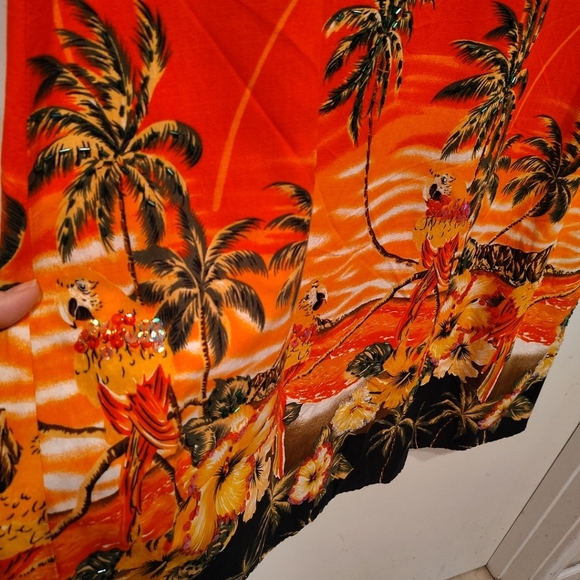 Tiki Palm Orange Embellished Tropical Print Sleeveless Midi Dress Sz L Beach - Picture 5 of 7